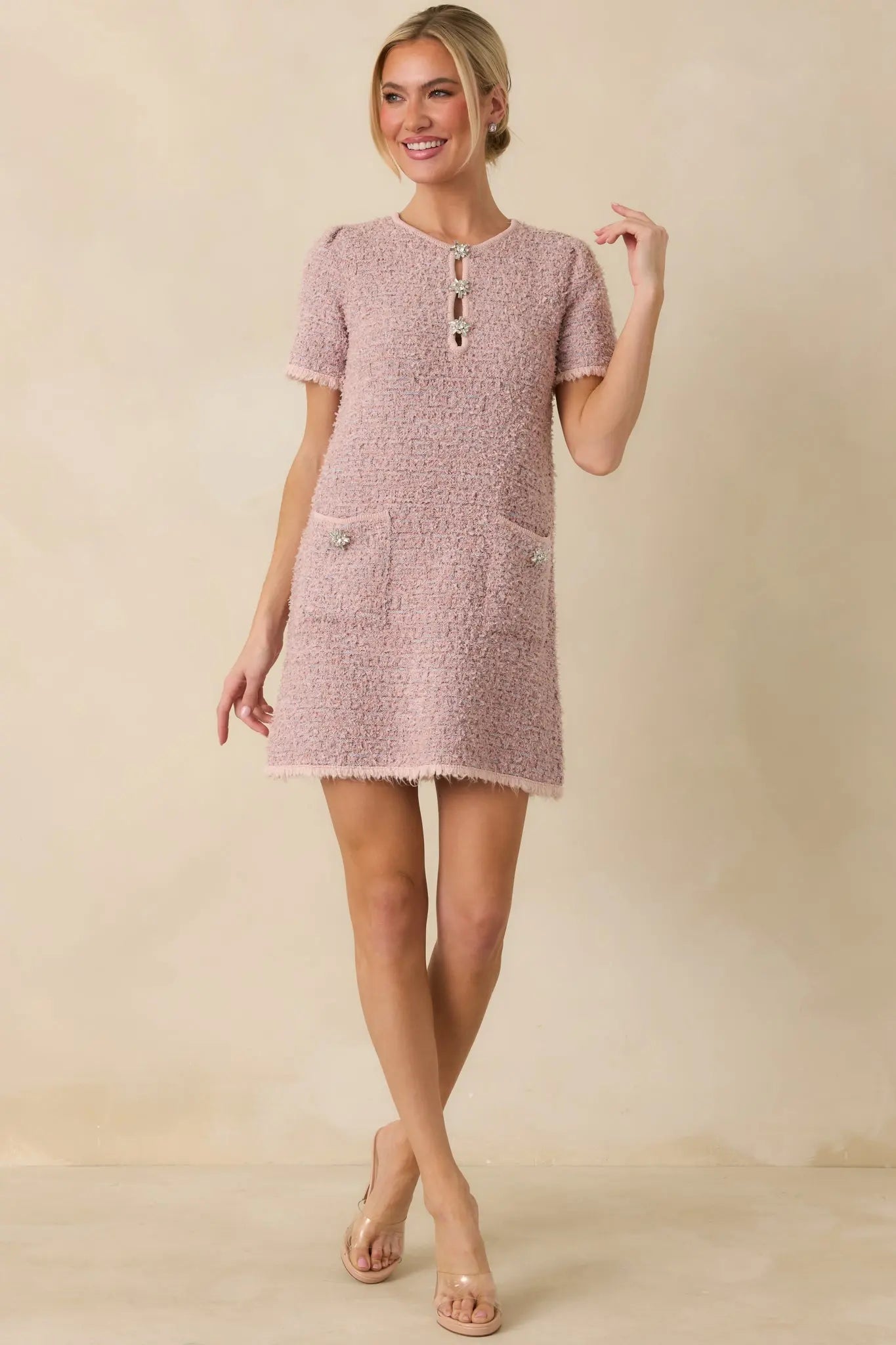 Women's Soft Kisses Dusty Pink Short Sleeve Tweed Mini Dress | 57% Polyester 4