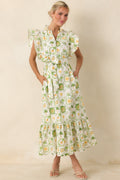 Women's Somewhere Sunny Green Multi Cotton Ruffle Maxi Dress | 100% Cotton 0