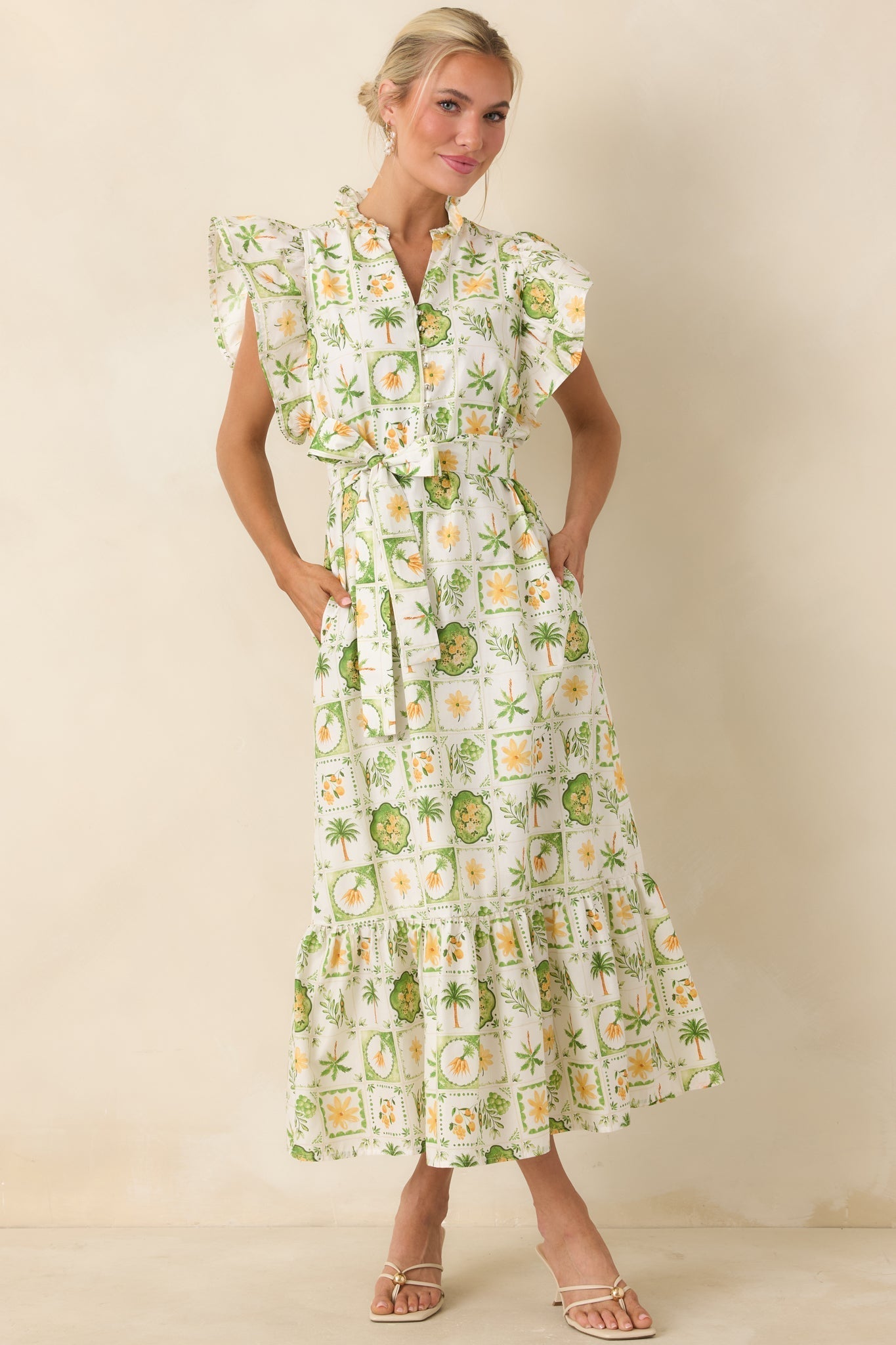 Women's Somewhere Sunny Green Multi Cotton Ruffle Maxi Dress | 100% Cotton 0