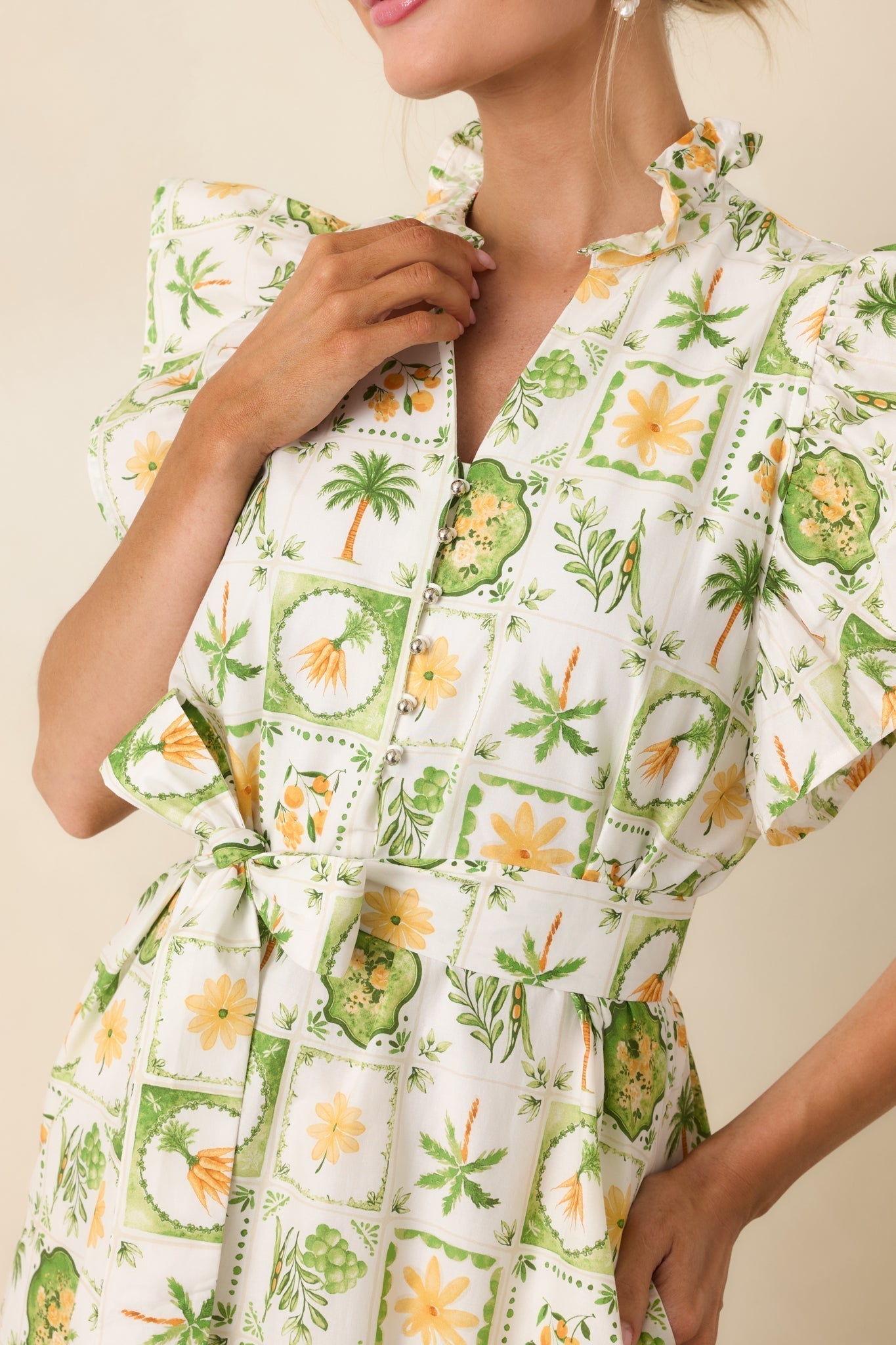 Women's Somewhere Sunny Green Multi Cotton Ruffle Maxi Dress | 100% Cotton 1