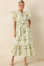 Women's Somewhere Sunny Green Multi Cotton Ruffle Maxi Dress | 100% Cotton 2