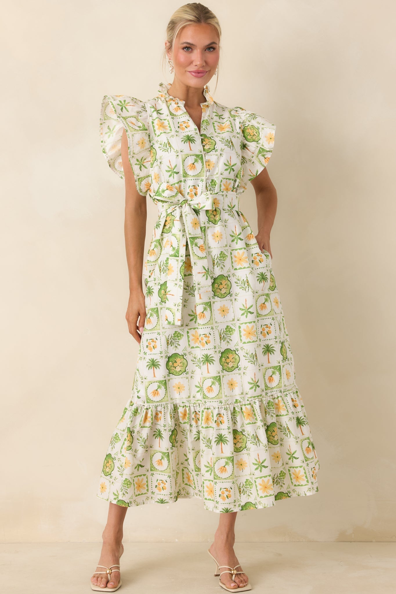 Women's Somewhere Sunny Green Multi Cotton Ruffle Maxi Dress | 100% Cotton 2