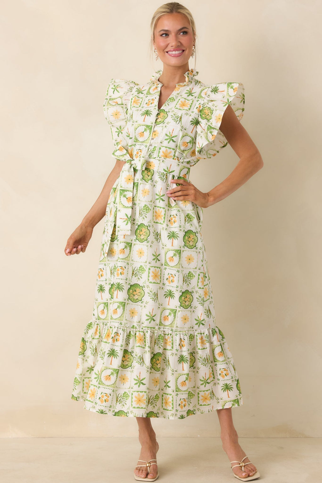 Women's Somewhere Sunny Green Multi Cotton Ruffle Maxi Dress | 100% Cotton 3
