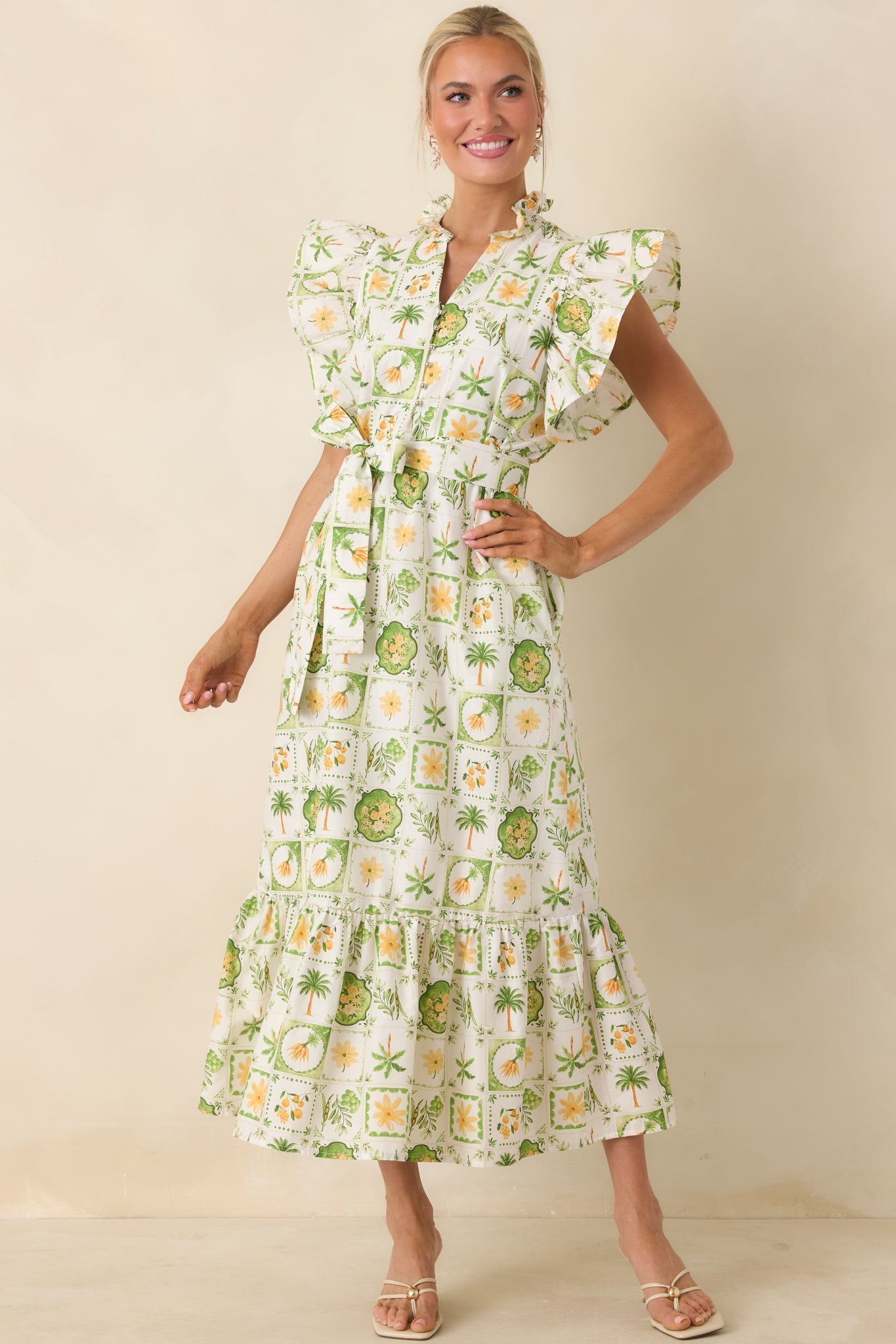 Women's Somewhere Sunny Green Multi Cotton Ruffle Maxi Dress | 100% Cotton 3