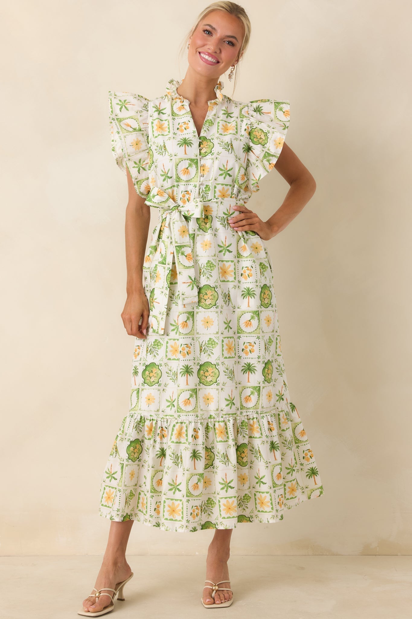 Women's Somewhere Sunny Green Multi Cotton Ruffle Maxi Dress | 100% Cotton 4