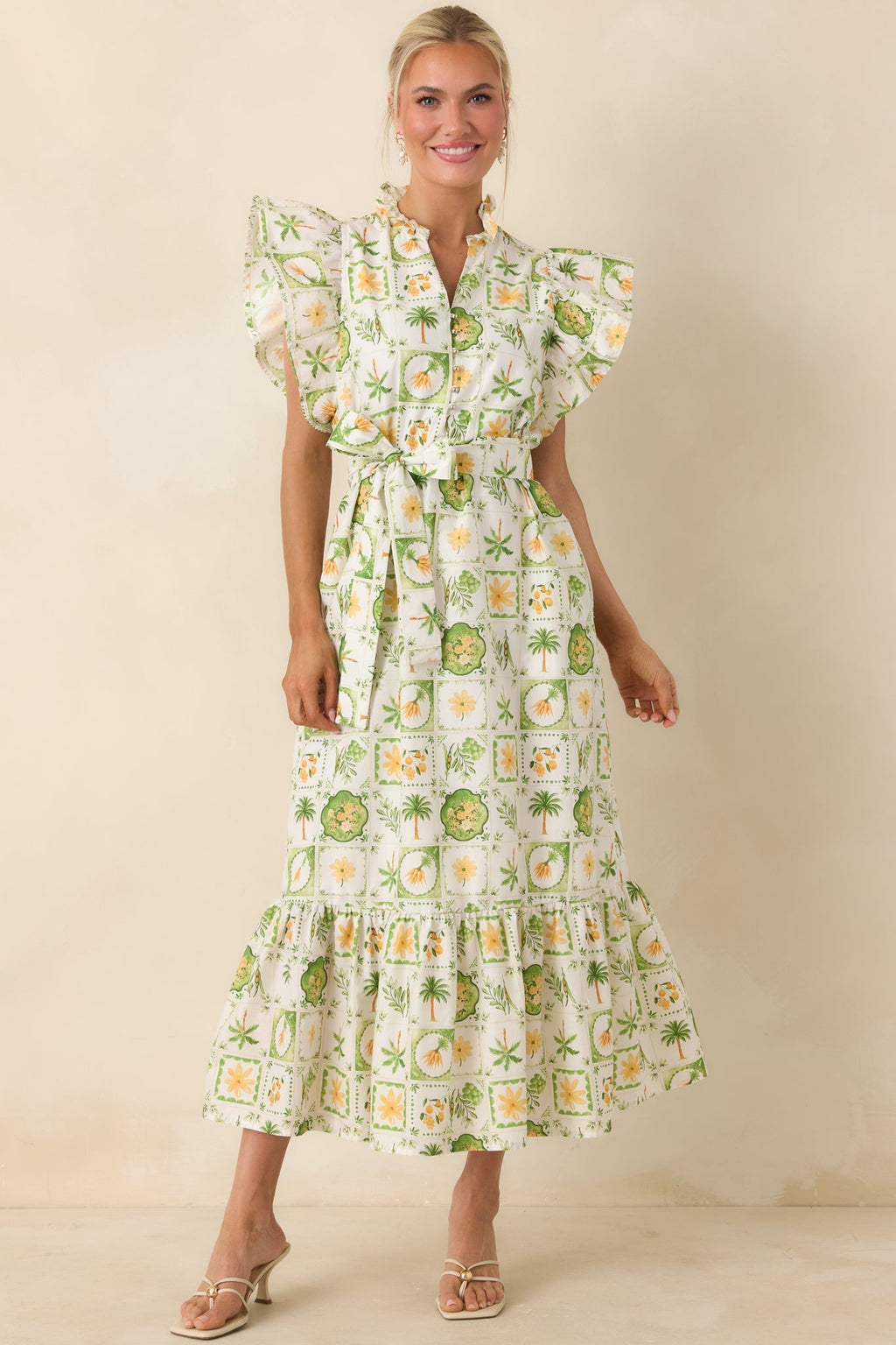 Women's Somewhere Sunny Green Multi Cotton Ruffle Maxi Dress | 100% Cotton 5