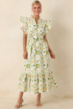 Women's Somewhere Sunny Green Multi Cotton Ruffle Maxi Dress | 100% Cotton 5