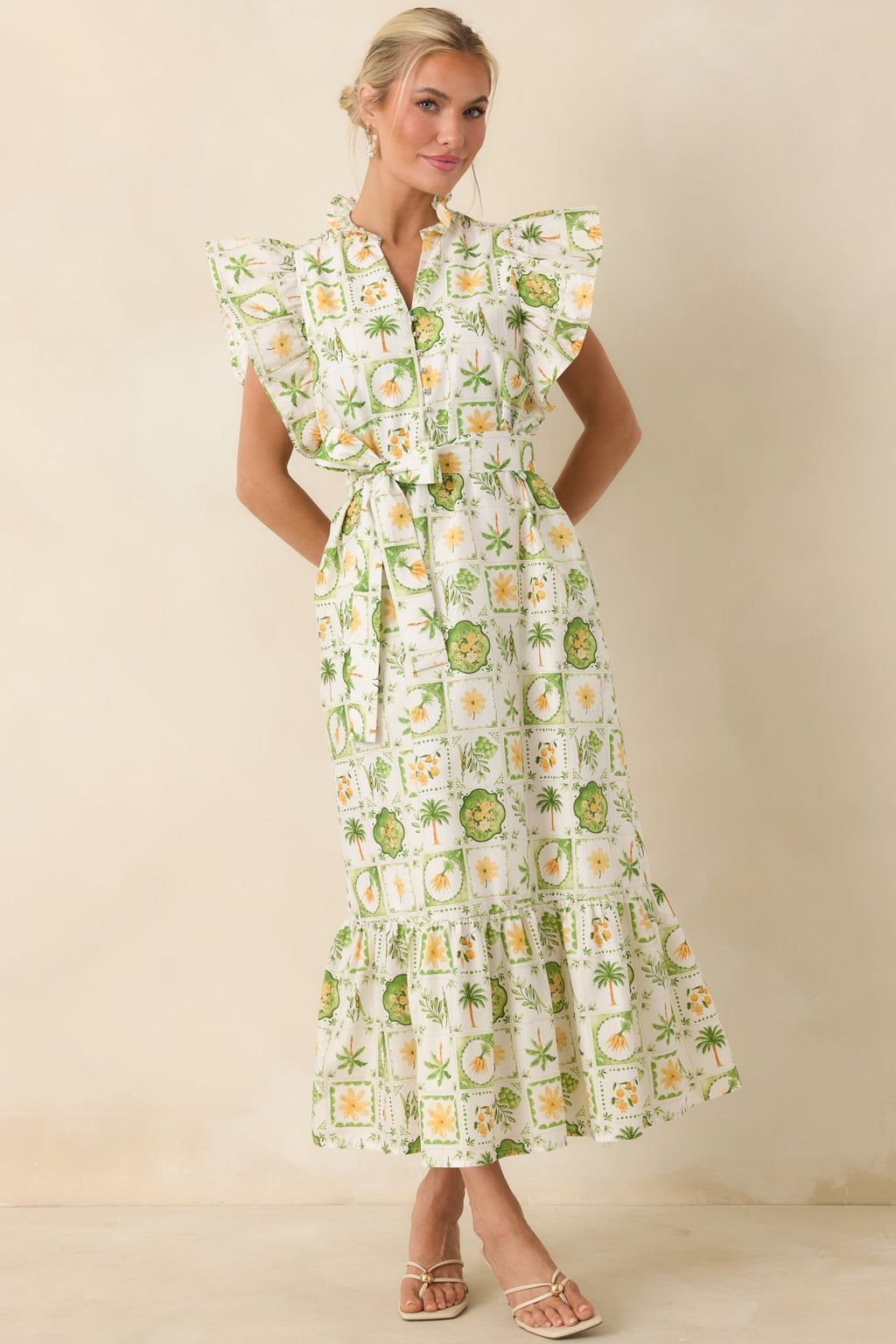 Women's Somewhere Sunny Green Multi Cotton Ruffle Maxi Dress | 100% Cotton 6
