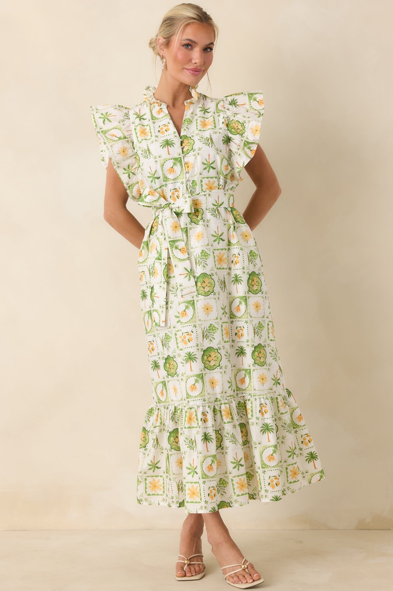 Women's Somewhere Sunny Green Multi Cotton Ruffle Maxi Dress | 100% Cotton 6
