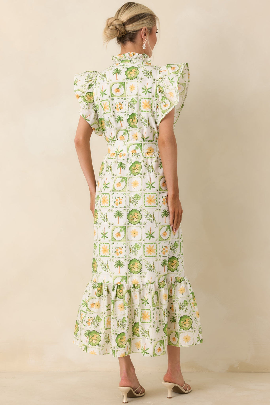 Women's Somewhere Sunny Green Multi Cotton Ruffle Maxi Dress | 100% Cotton 7