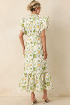 Women's Somewhere Sunny Green Multi Cotton Ruffle Maxi Dress | 100% Cotton 7
