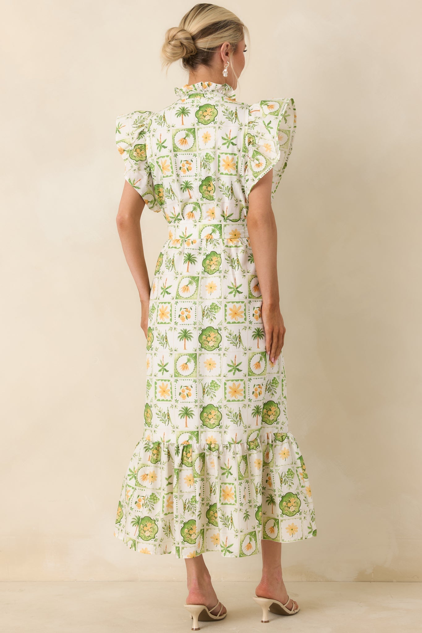 Women's Somewhere Sunny Green Multi Cotton Ruffle Maxi Dress | 100% Cotton 7