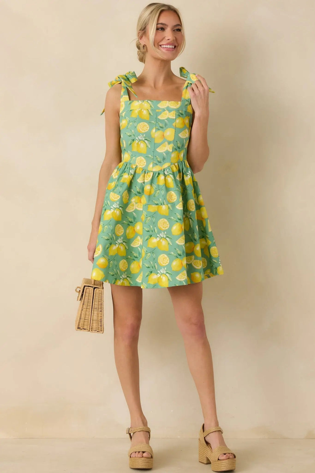 Women's Sounds Like Fun Green Lemon Print Cotton Denim Mini Dress | 97% Cotton & 3% Spandex 0