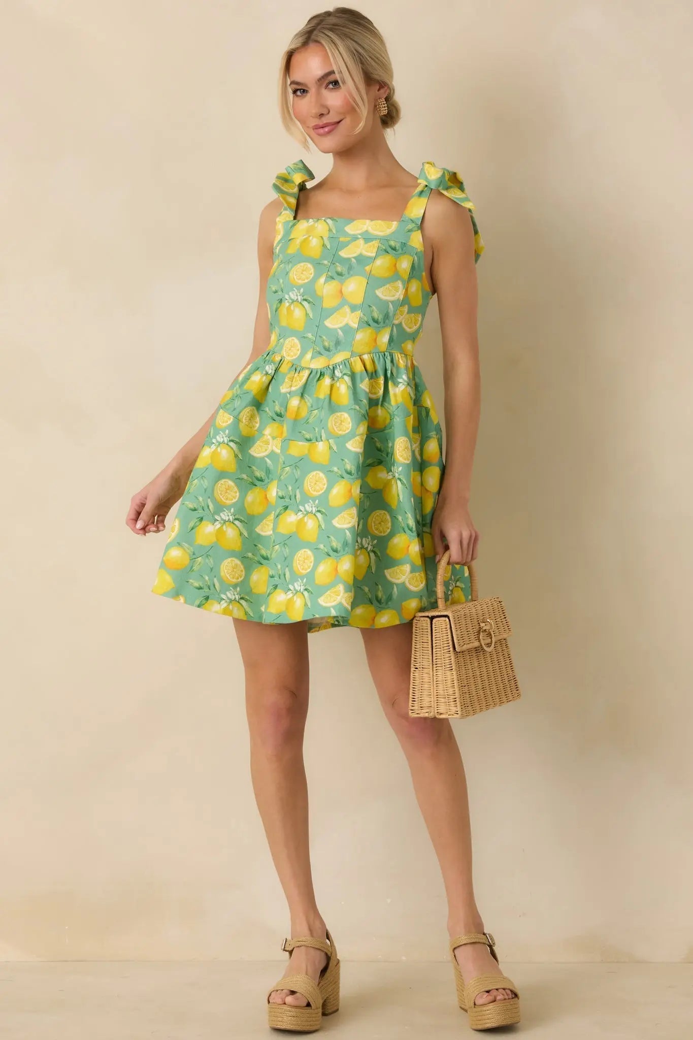 Women's Sounds Like Fun Green Lemon Print Cotton Denim Mini Dress | 97% Cotton & 3% Spandex 1