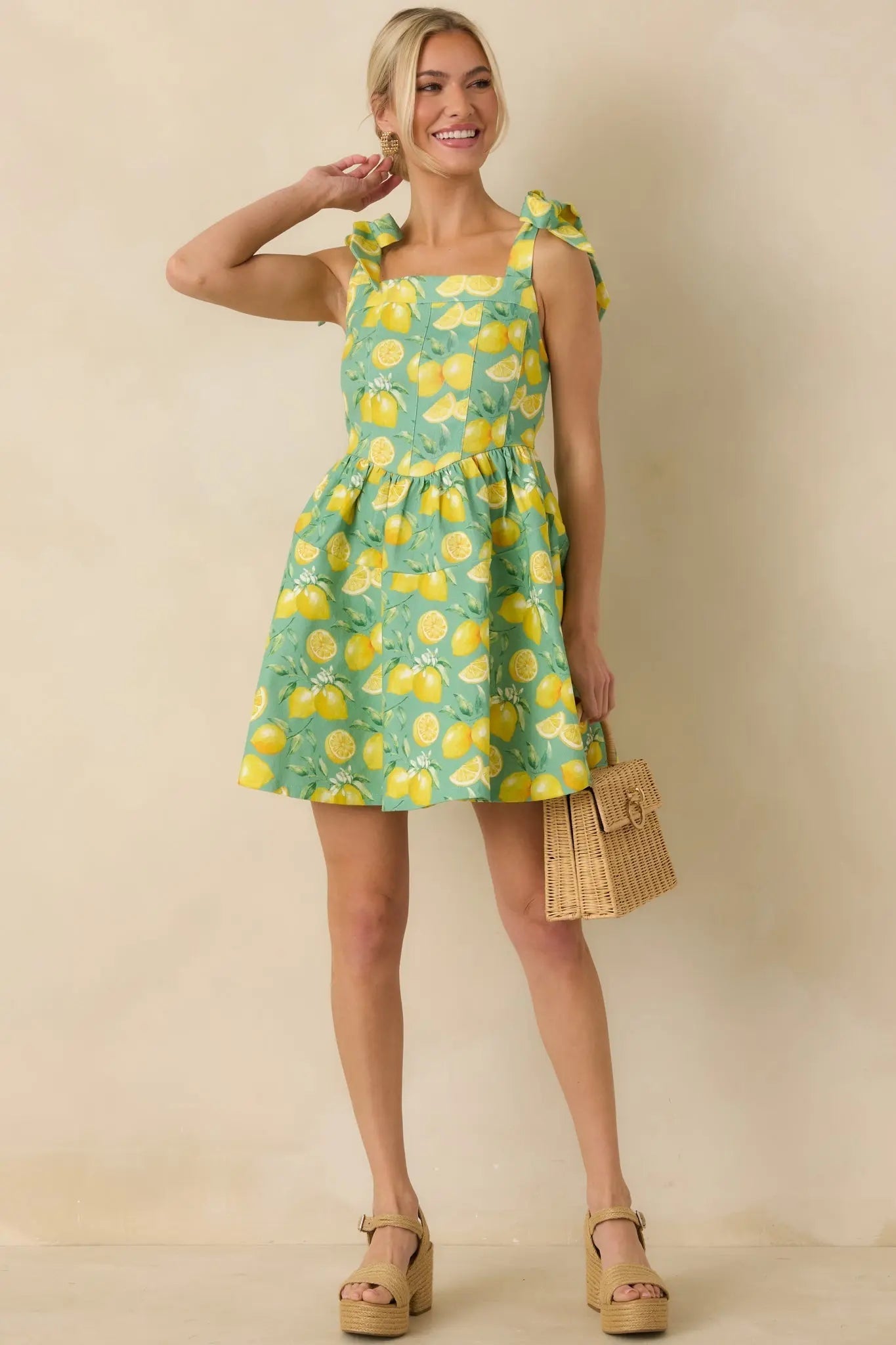 Women's Sounds Like Fun Green Lemon Print Cotton Denim Mini Dress | 97% Cotton & 3% Spandex 2