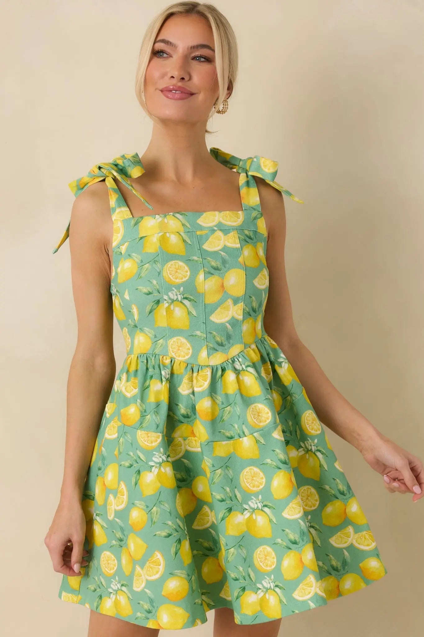 Women's Sounds Like Fun Green Lemon Print Cotton Denim Mini Dress | 97% Cotton & 3% Spandex 3