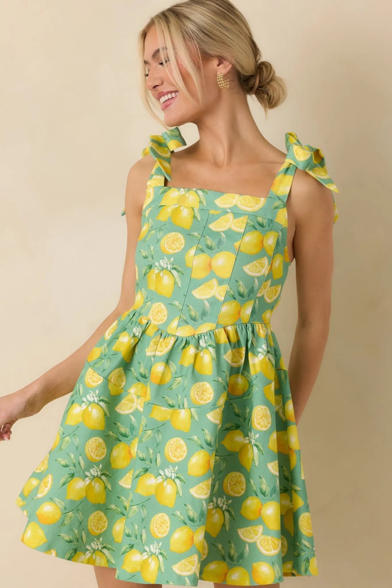 Women's Sounds Like Fun Green Lemon Print Cotton Denim Mini Dress | 97% Cotton & 3% Spandex 4
