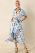 Women's Springtime Splendor White & Blue Floral Belted Midi Dress | 95% Rayon 0