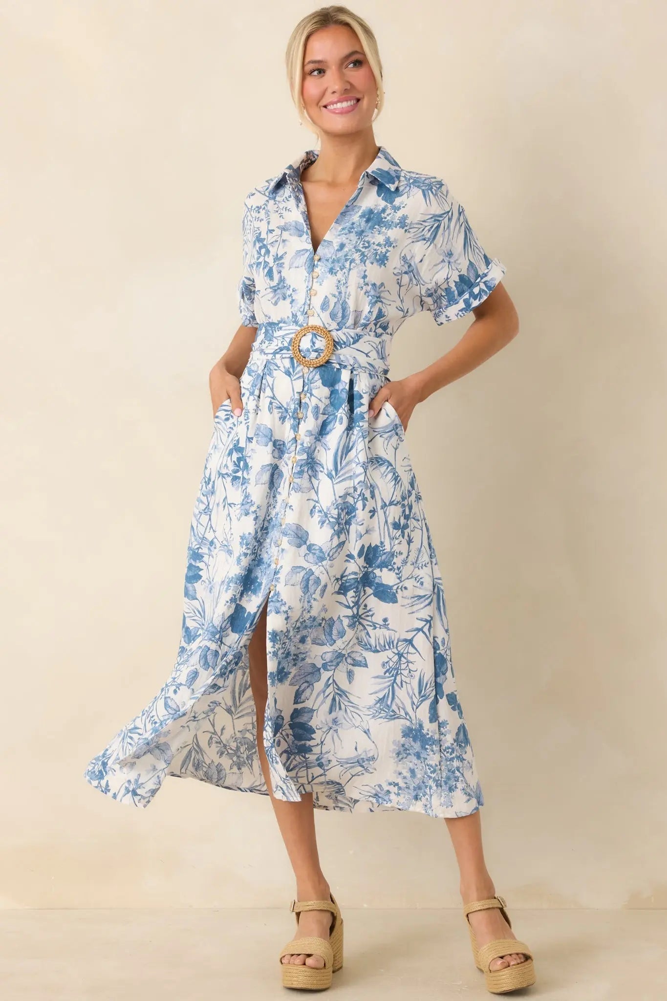Women's Springtime Splendor White & Blue Floral Belted Midi Dress | 95% Rayon 0