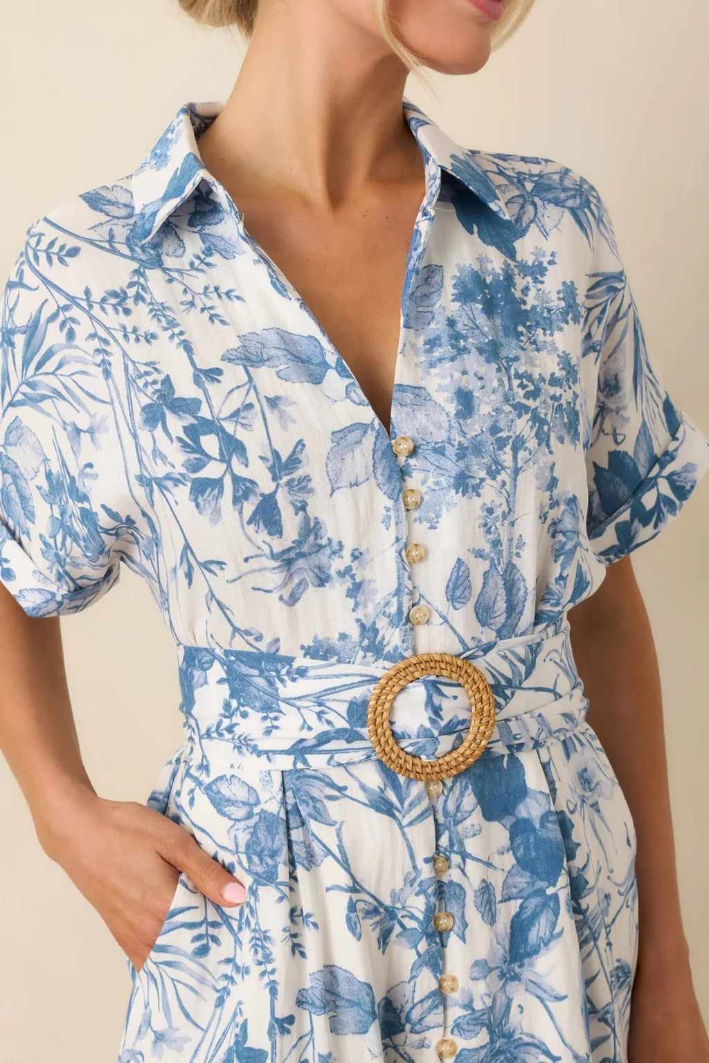 Women's Springtime Splendor White & Blue Floral Belted Midi Dress | 95% Rayon 1