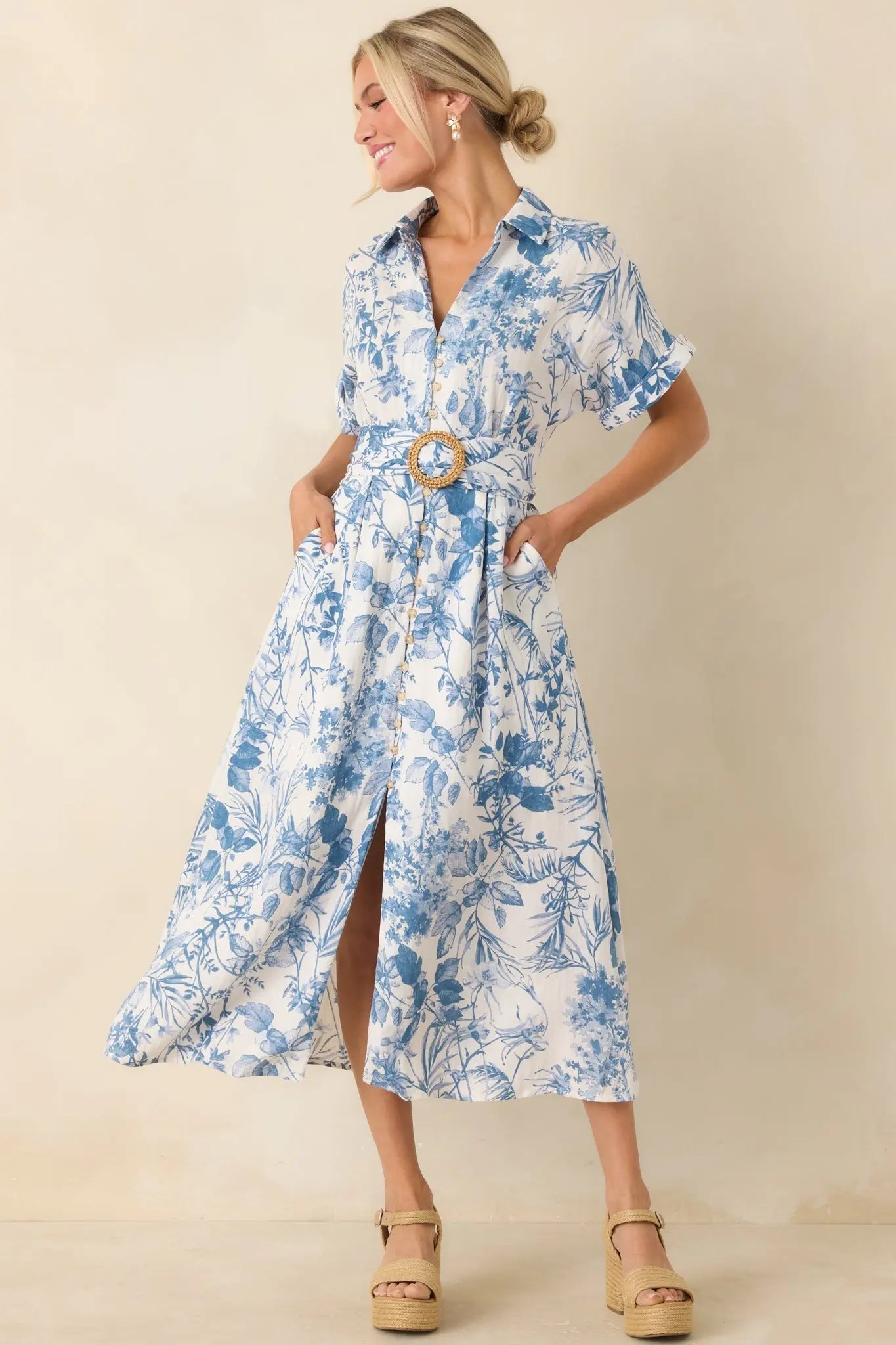 Women's Springtime Splendor White & Blue Floral Belted Midi Dress | 95% Rayon 2