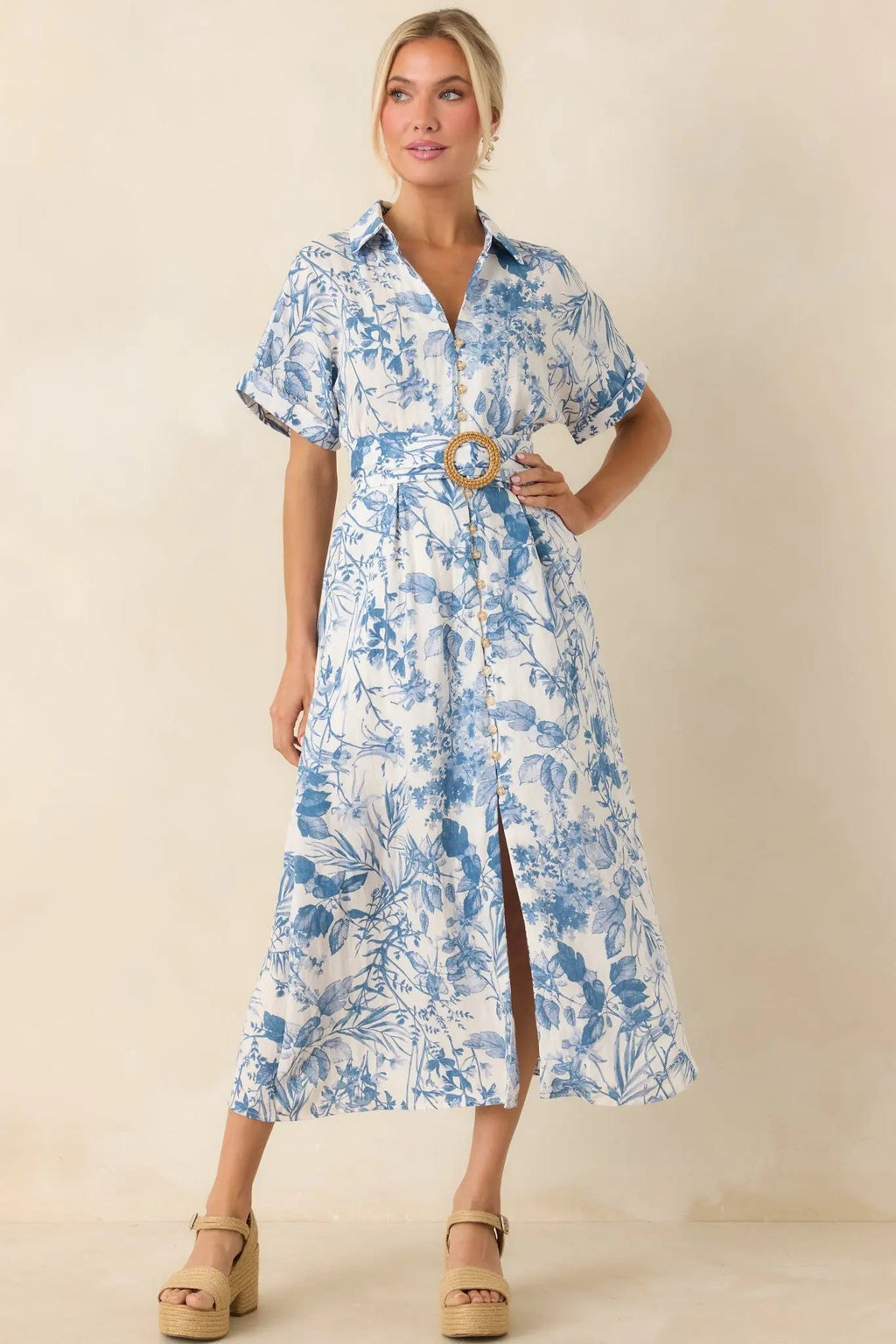 Women's Springtime Splendor White & Blue Floral Belted Midi Dress | 95% Rayon 3