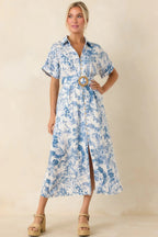 Women's Springtime Splendor White & Blue Floral Belted Midi Dress | 95% Rayon 3