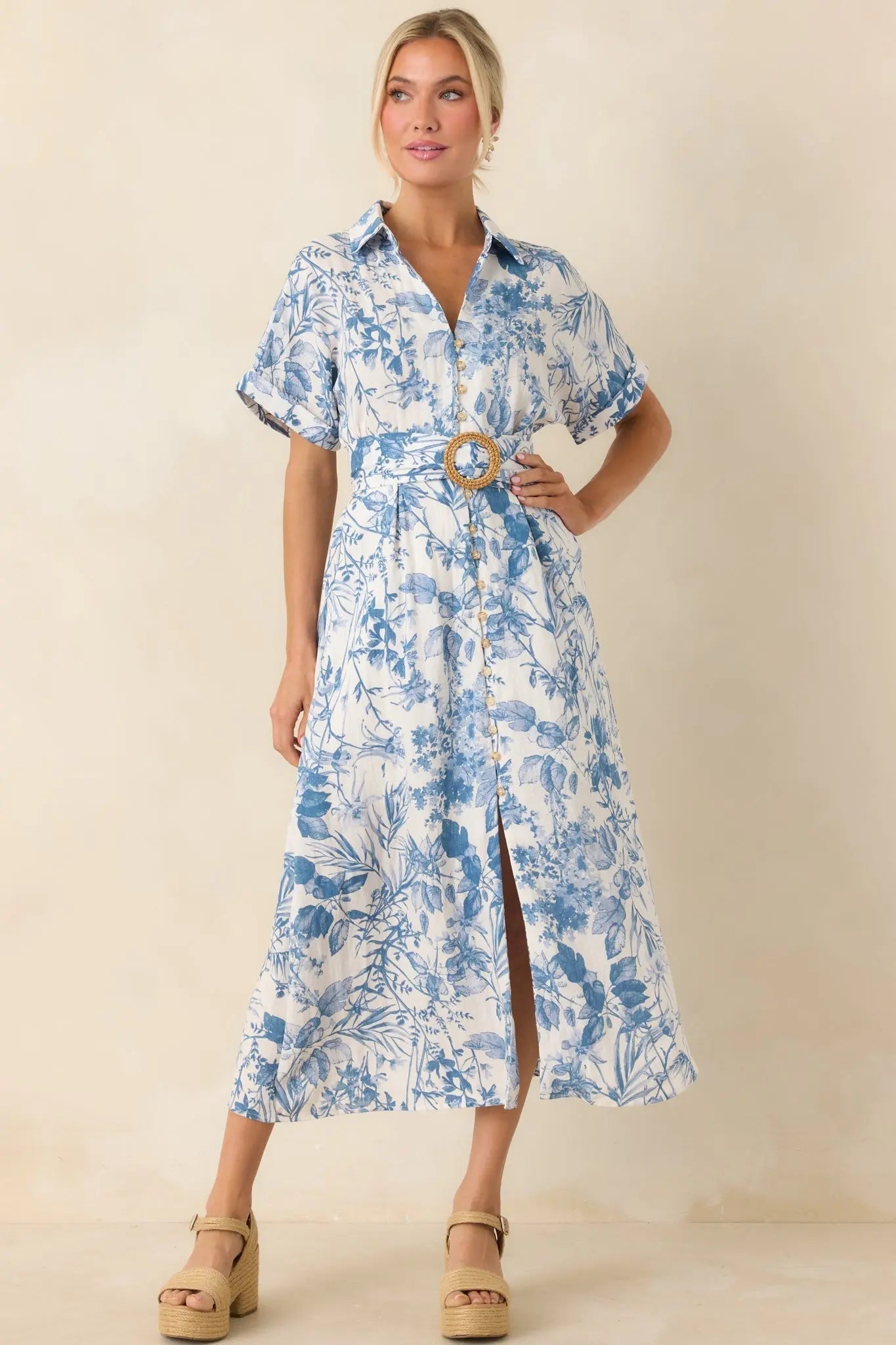 Women's Springtime Splendor White & Blue Floral Belted Midi Dress | 95% Rayon 3
