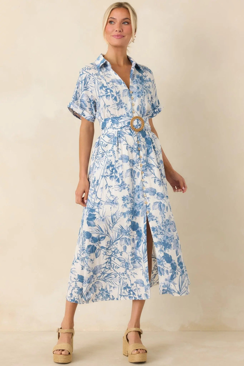 Women's Springtime Splendor White & Blue Floral Belted Midi Dress | 95% Rayon 4