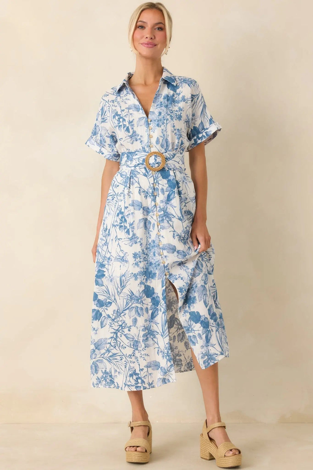 Women's Springtime Splendor White & Blue Floral Belted Midi Dress | 95% Rayon 5