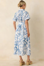 Women's Springtime Splendor White & Blue Floral Belted Midi Dress | 95% Rayon 6