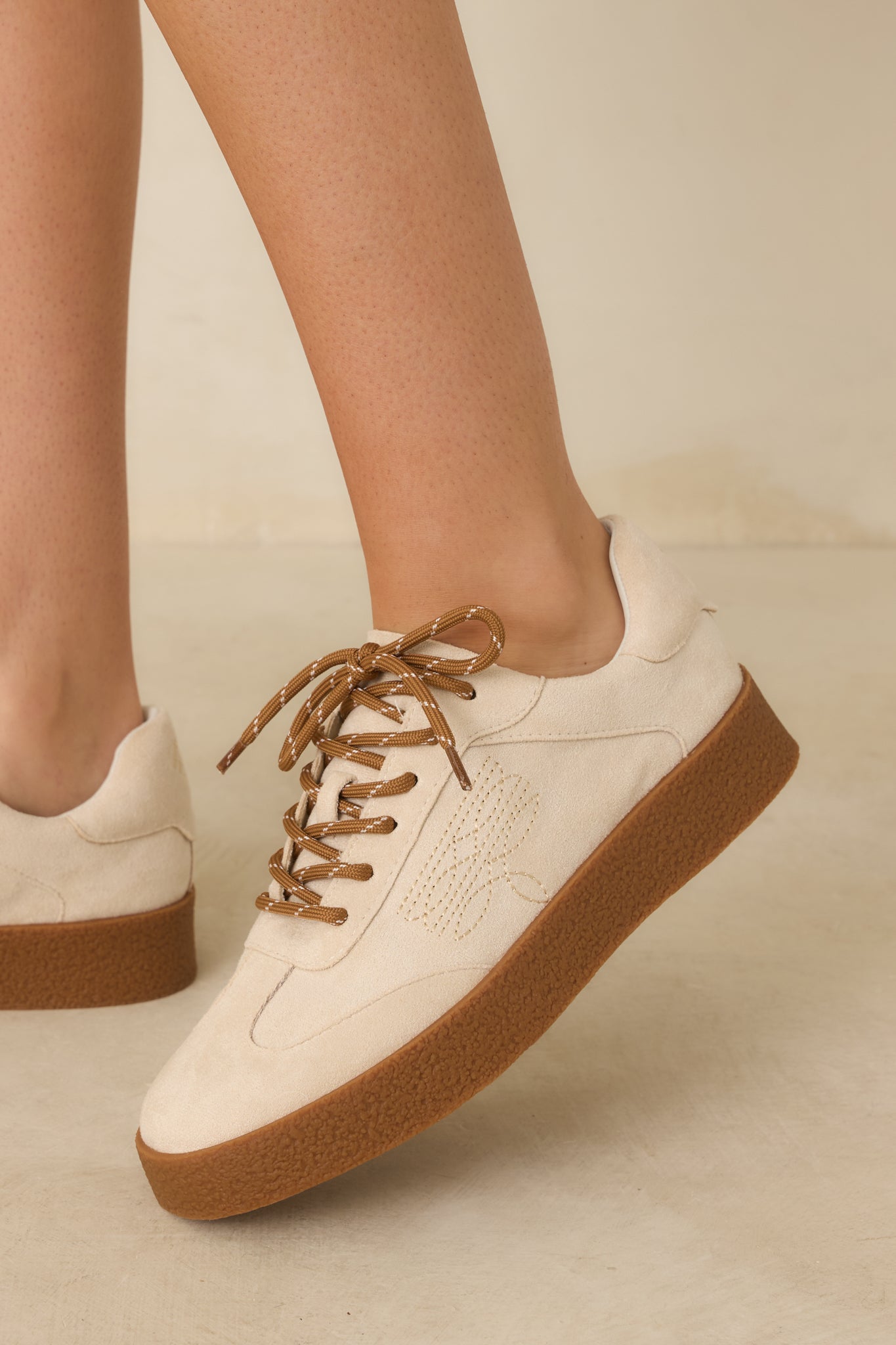 Women's Stand Your Ground Natural Faux Suede Decorative Stitching Lace Up Sneakers | Sole measures 1.25" 0
