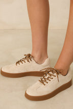 Women's Stand Your Ground Natural Faux Suede Decorative Stitching Lace Up Sneakers | Sole measures 1.25" 1
