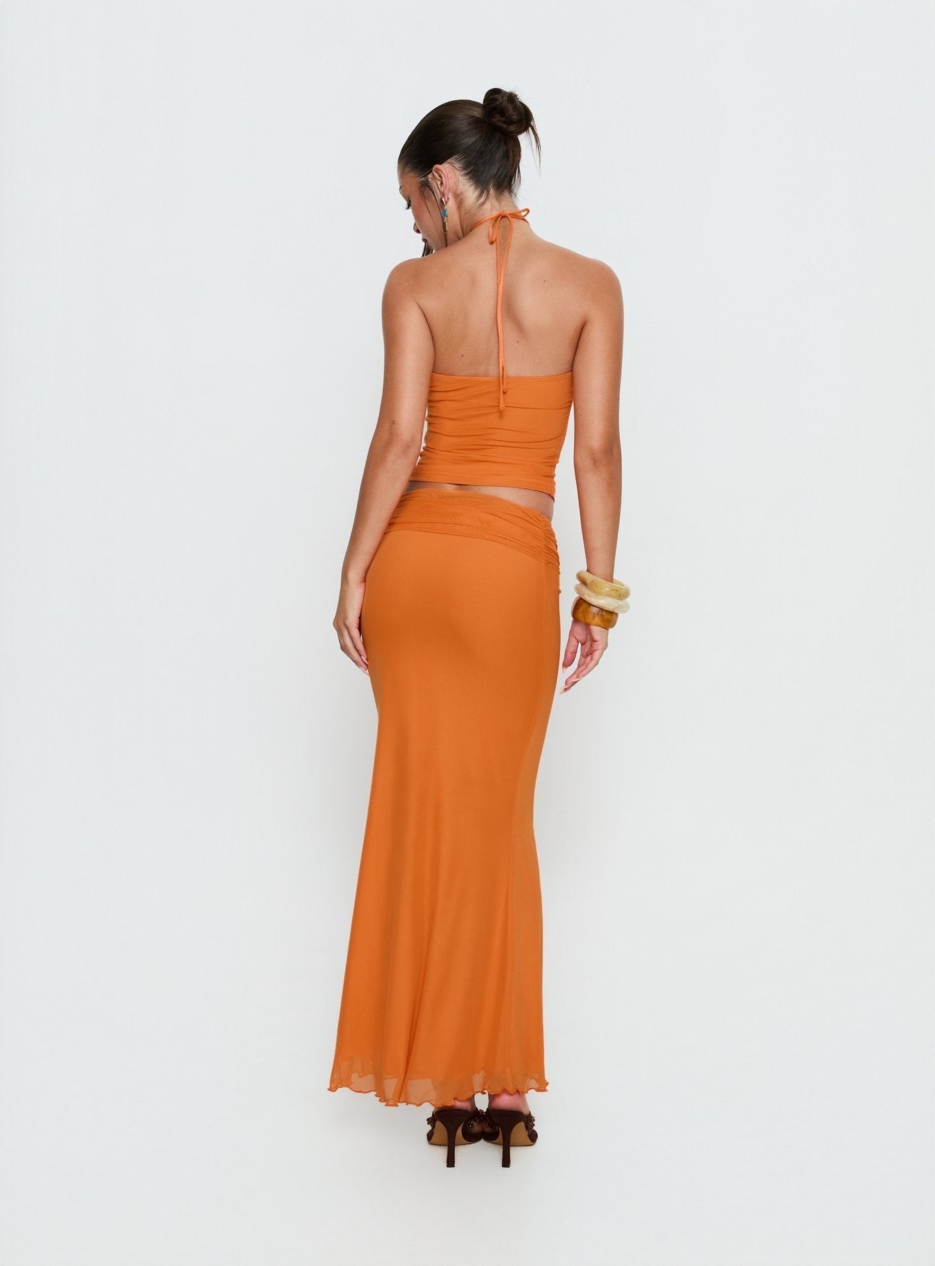 Women's Star Fruit Ruched Waist Maxi Skirt Orange 3