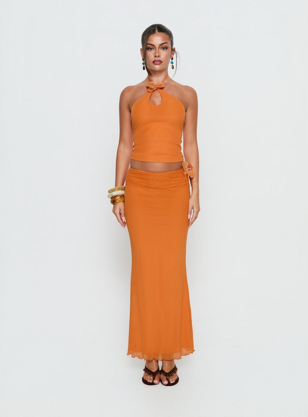 Women's Star Fruit Ruched Waist Maxi Skirt Orange 6