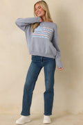 Women's Stitched in Freedom Dusty Blue Floral Patchwork Flag Knit Sweater | 50% Viscose 0