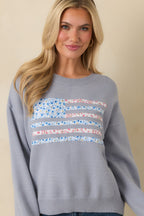 Women's Stitched in Freedom Dusty Blue Floral Patchwork Flag Knit Sweater | 50% Viscose 1