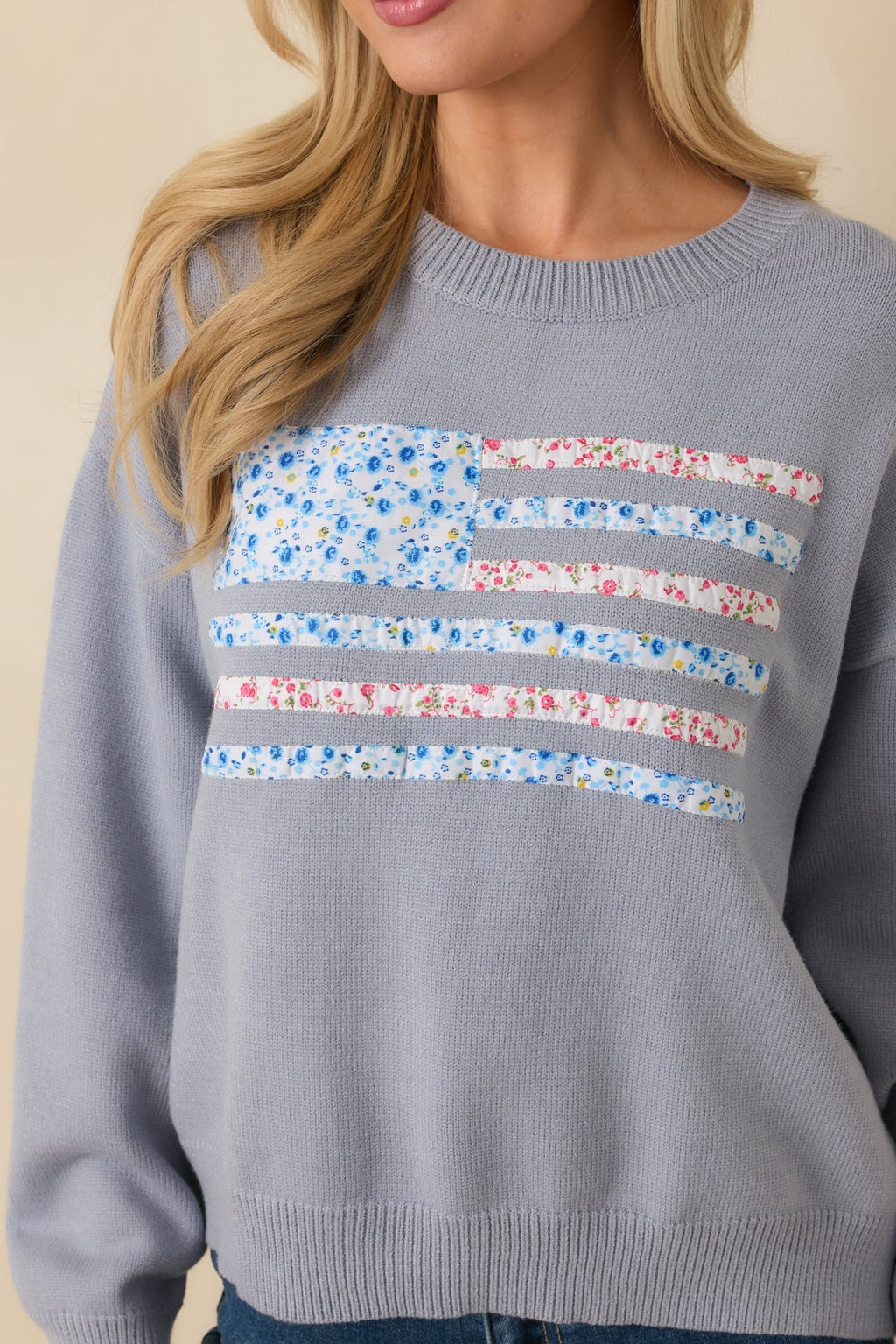 Women's Stitched in Freedom Dusty Blue Floral Patchwork Flag Knit Sweater | 50% Viscose 2