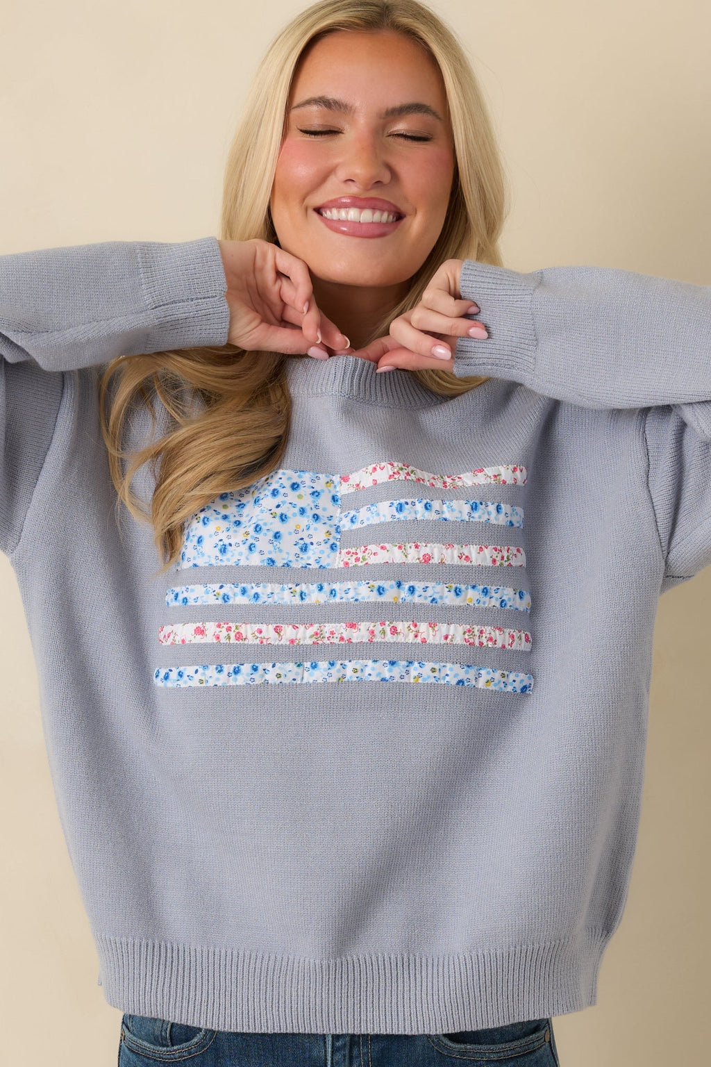 Women's Stitched in Freedom Dusty Blue Floral Patchwork Flag Knit Sweater | 50% Viscose 3