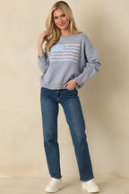 Women's Stitched in Freedom Dusty Blue Floral Patchwork Flag Knit Sweater | 50% Viscose 5