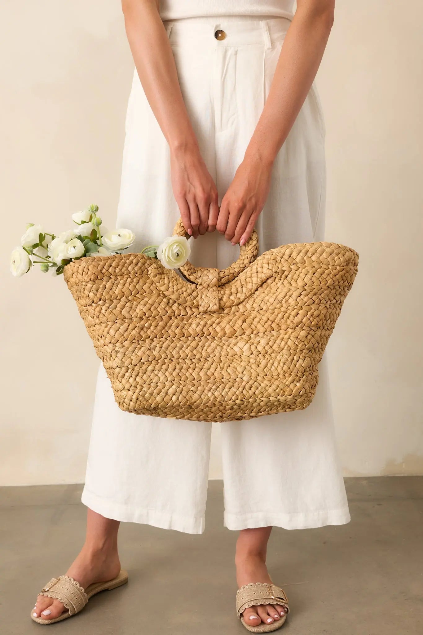 Women's Stop And Smell The Roses Tan Raffia Woven Tote Handbag | This Bag Measures: 19" in Length 1
