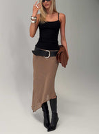 Women's Suella Asymmetrical Midi Skirt Brown Polka Dot | Midi skirt in polka-dot print with an asymmetrical 0