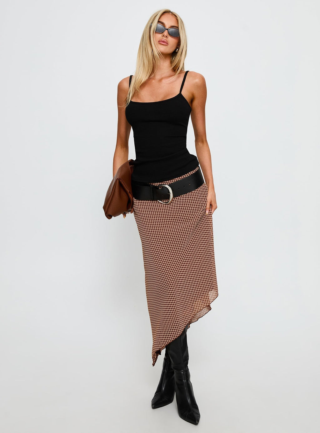 Women's Suella Asymmetrical Midi Skirt Brown Polka Dot | Midi skirt in polka-dot print with an asymmetrical 1