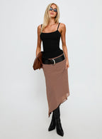 Women's Suella Asymmetrical Midi Skirt Brown Polka Dot | Midi skirt in polka-dot print with an asymmetrical 1