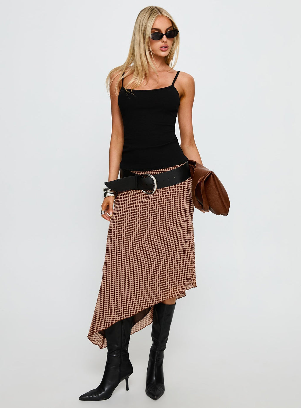 Women's Suella Asymmetrical Midi Skirt Brown Polka Dot | Midi skirt in polka-dot print with an asymmetrical 2