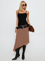 Women's Suella Asymmetrical Midi Skirt Brown Polka Dot | Midi skirt in polka-dot print with an asymmetrical 2