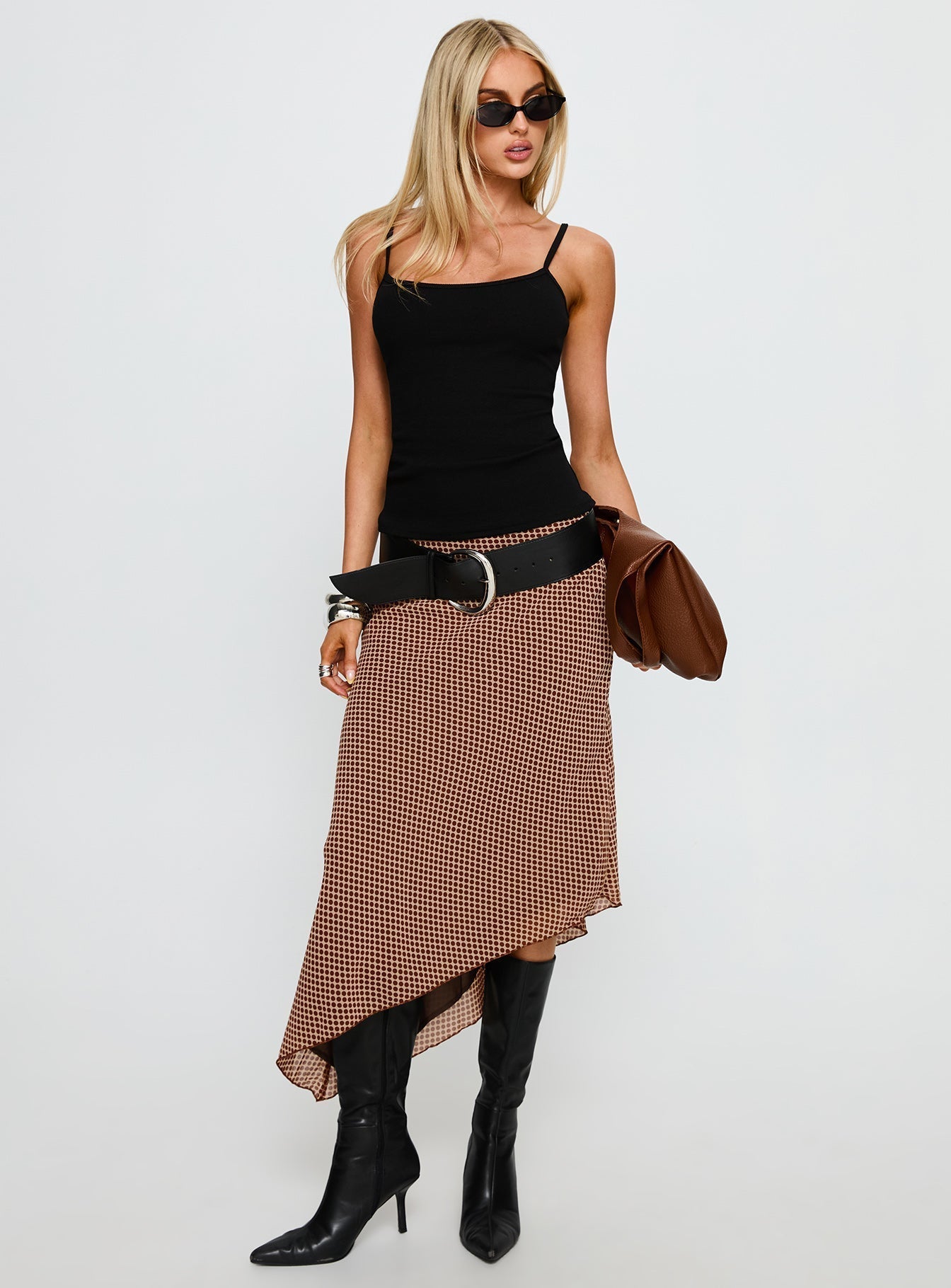 Women's Suella Asymmetrical Midi Skirt Brown Polka Dot | Midi skirt in polka-dot print with an asymmetrical 2
