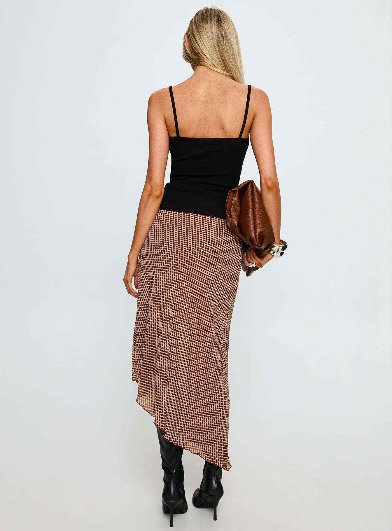Women's Suella Asymmetrical Midi Skirt Brown Polka Dot | Midi skirt in polka-dot print with an asymmetrical 4