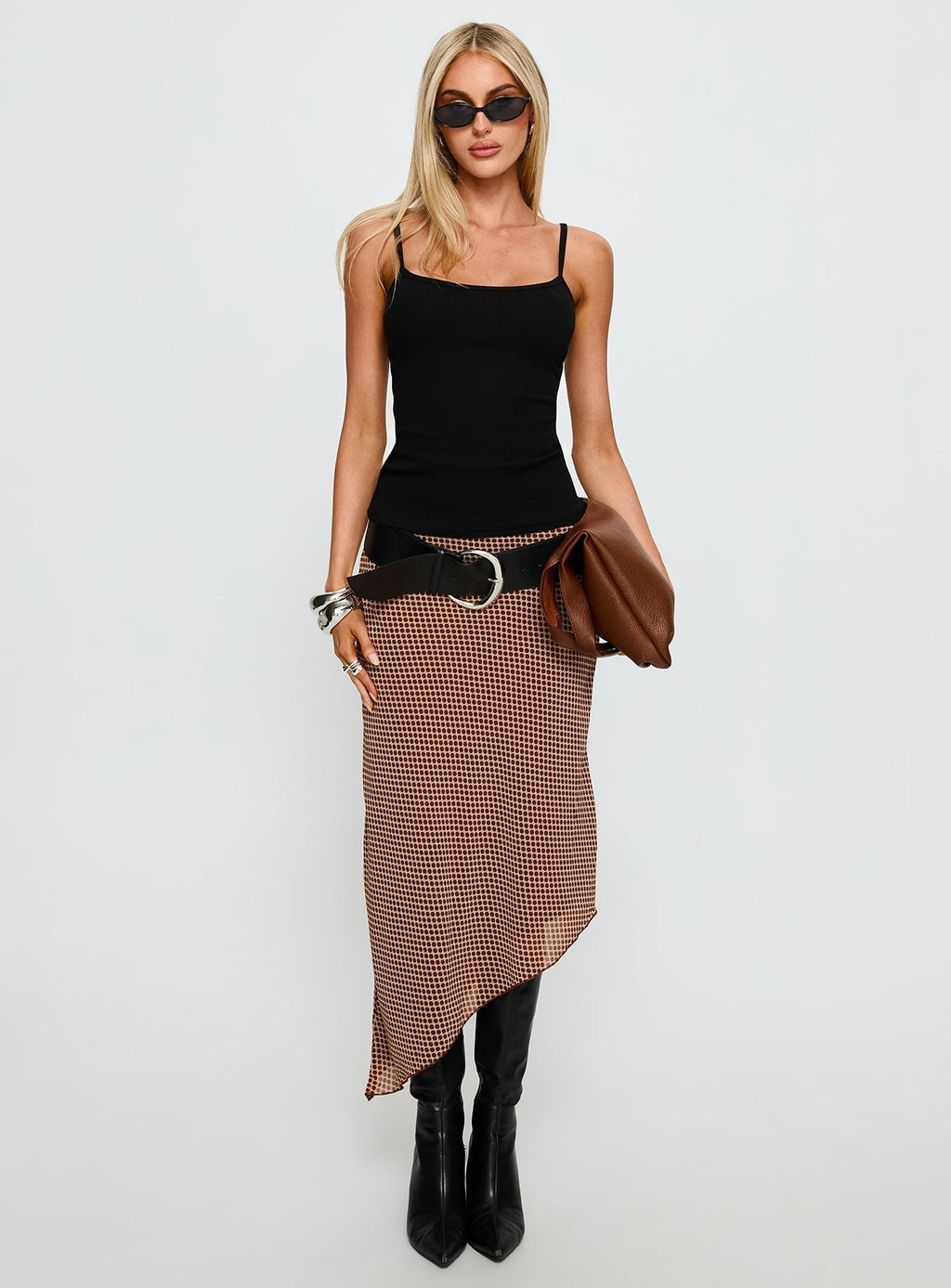 Women's Suella Asymmetrical Midi Skirt Brown Polka Dot | Midi skirt in polka-dot print with an asymmetrical 6