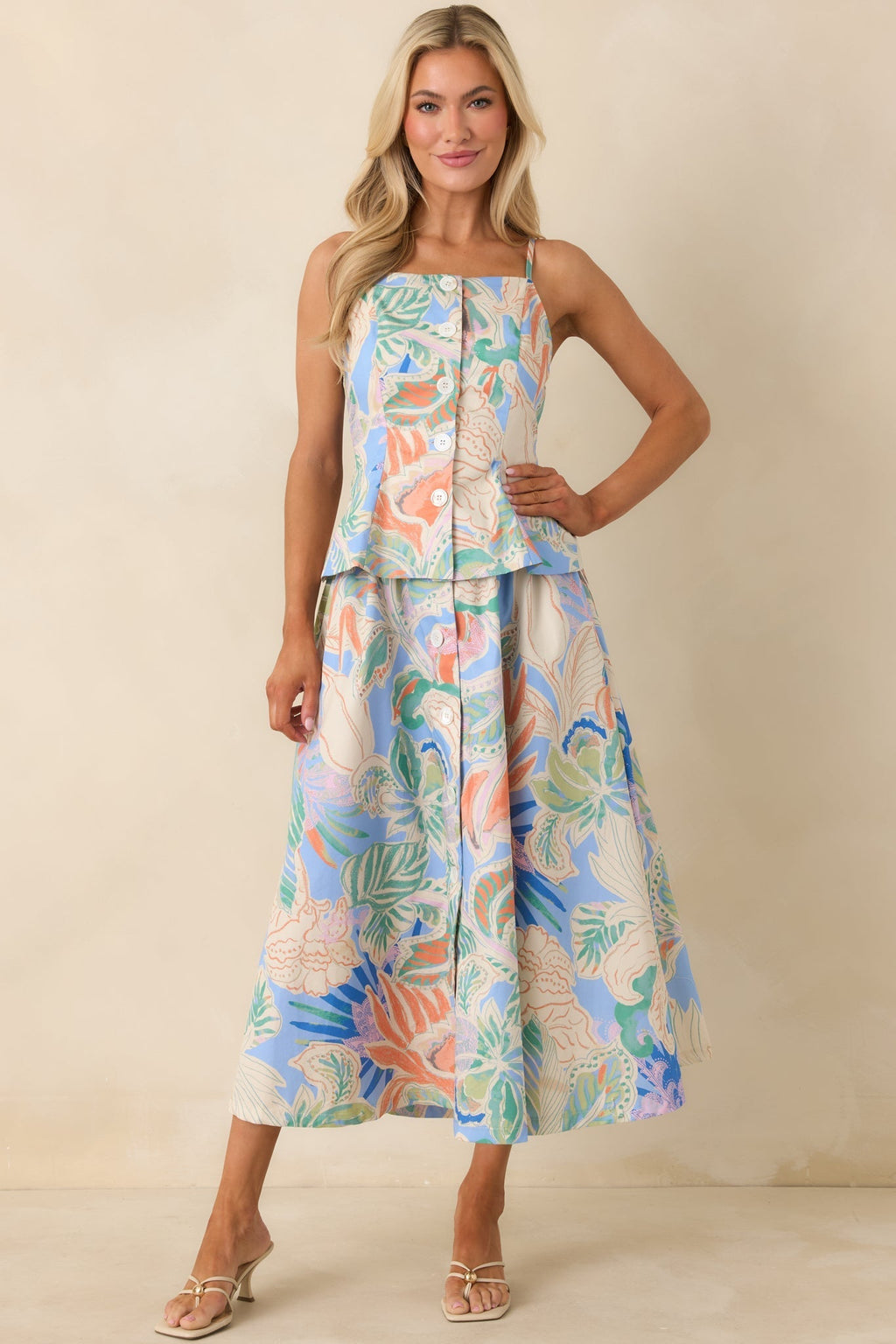 Women's Summer Sketchbook Blue Multi Floral Button-Front Maxi Skirt | 100% Cotton 1